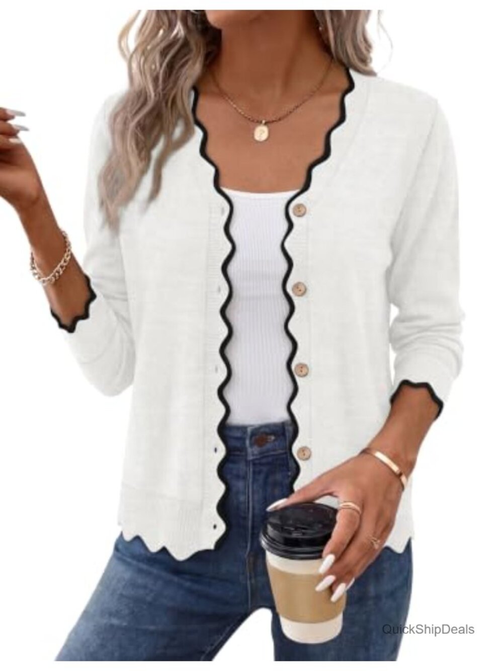 Womens Long Sleeve V Neck Knit Cardigan Sweater Scalloped Button